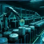 Entrepôt futuriste où des bras robotiques empilent des milliers de pièces de la cryptomonnaie Ethereum (ETH), symbolisant l'accumulation institutionnelle.