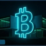 Maison moderne de nuit avec un grand logo Bitcoin en néon bleu symbolisant un achat immobilier crypto