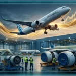 Avion au décollage avec graphiques financiers illustrant la croissance de l'action Airbus