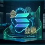 Symbole lumineux rappelant Solana entrelacé avec des pièces et pinceaux japonais, représentant la finance on-chain