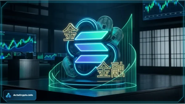 Symbole lumineux rappelant Solana entrelacé avec des pièces et pinceaux japonais, représentant la finance on-chain