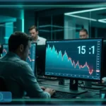 Traders observant un graphique boursier en baisse avec le ratio 15 pour 1 illustrant le reverse split d'American Bitcoin sur le Nasdaq
