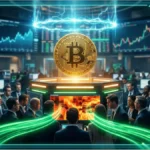 Salle de marché futuriste avec des traders analysant des graphiques financiers pour anticiper le cours Bitcoin.