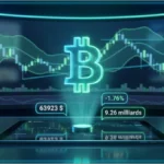 Graphique holographique affichant le cours Bitcoin à 63 923 dollars avec des courbes de trading en arrière-plan
