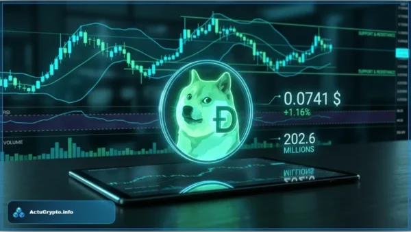 Graphique d'analyse technique montrant le cours Dogecoin à 0,0741 dollar sur un écran