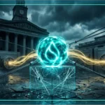 Jeton Sui lumineux maintenu par des câbles sur un cube en verre fissuré devant une banque centrale sous un ciel orageux
