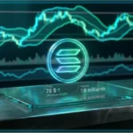 Logo holographique de Solana affichant un prix de 78 dollars devant un graphique boursier