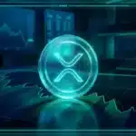 Logo 3D du XRP sur un graphique financier illustrant la baisse du cours à 1,08 dollar