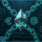Logo Ethereum en 3D entouré de chaînes et du symbole euro, illustrant la pression de la loi MiCA sur le prix de l'ETH.