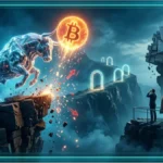 Graphique futuriste illustrant la hausse du cours Bitcoin. Une flèche verte indique une 'reprise du marché' après un 'breakout', dépassant le niveau de support de 65 000 dollars.