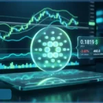 Logo 3D de Cardano sur un ecran affichant des graphiques de trading et le prix de 0,1819 dollar