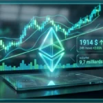 Logo Ethereum lumineux au-dessus d'un écran affichant le prix de 1914 dollars avec un graphique boursier en arrière-plan