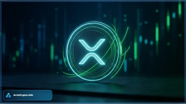 Pièce numérique XRP lumineuse verte sur fond de graphique boursier représentant l'analyse du prix du Ripple