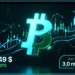 Logo Bitcoin lumineux avec graphiques de trading et prix à 64 349 dollars