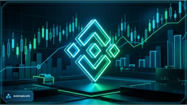 Logo crypto lumineux en 3D avec graphiques de trading illustrant l'analyse technique du BNB