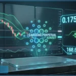Tableau de bord holographique affichant l'analyse technique de Cardano avec le prix ADA à 0.1752 dollar et une baisse de 5.20 pourcent