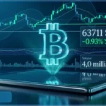 Graphique virtuel d'analyse technique du Bitcoin affichant le prix de 63 711 dollars et les volumes de trading