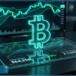Graphique d'analyse technique montrant le cours Bitcoin se maintenant à 64 356 dollars sur un écran numérique