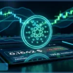 Graphique de trading et logo Cardano illustrant la baisse du cours ADA vers son support technique