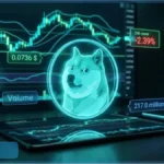 Graphique d'analyse technique illustrant le cours Dogecoin en phase de compression autour de 0,0736 dollar sur un écran numérique.