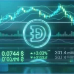Graphique financier illustrant le cours Dogecoin en hausse à 0,0744 dollar avec le logo DOGE lumineux