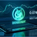 Graphique d'analyse technique affichant le cours Dogecoin à 0,0741 dollar sur une tablette numérique.