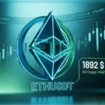 Graphique technique et logo Ethereum affichant un prix de 1892 dollars et une hausse de 1,43 pourcent