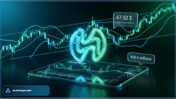 Graphique de trading affichant le logo Hyperliquid en 3D avec le prix de 67,52 dollars et des courbes d'analyse technique