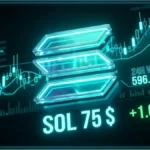 Graphique d'analyse technique du cours Solana affichant un prix de 75 dollars et un volume de 596 millions