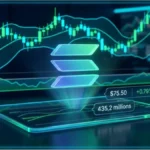 Graphique d'analyse technique du cours Solana affichant le prix de 75,50 dollars sur un écran numérique