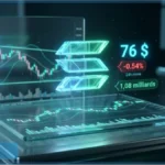 Graphique virtuel affichant le logo Solana et une analyse technique avec le prix à 76 dollars