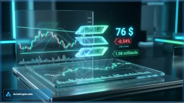 Graphique virtuel affichant le logo Solana et une analyse technique avec le prix à 76 dollars