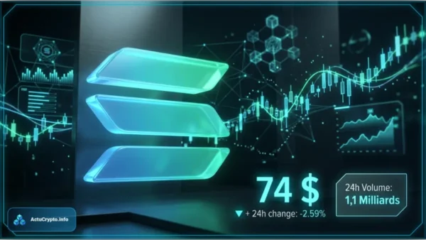 Logo 3D de Solana avec graphiques de trading affichant un prix de 74 dollars et une baisse de 2,59 pourcents