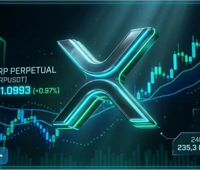 Logo 3D du XRP avec graphique de trading montrant le prix à 1.0993 dollar et un volume de 235 millions