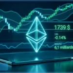 Graphique boursier affichant le logo Ethereum lumineux avec le prix actuel et les volumes de trading