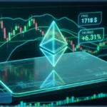 Graphique virtuel montrant l'analyse technique de l'Ethereum avec un prix de 1718 dollars et des chandeliers japonais en arrière-plan