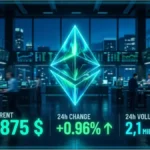 Logo Ethereum lumineux dans une salle de marché affichant un prix de 1875 dollars près de la résistance clé