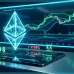 Hologramme du logo Ethereum au-dessus d'un graphique boursier affichant un prix de 1889 dollars
