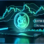 Graphique virtuel montrant l'analyse technique du Dogecoin avec un cours a 0,0730 dollar et des indicateurs de trading