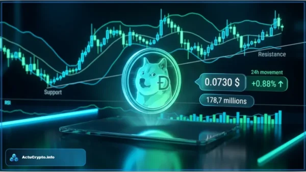 Graphique virtuel montrant l'analyse technique du Dogecoin avec un cours a 0,0730 dollar et des indicateurs de trading