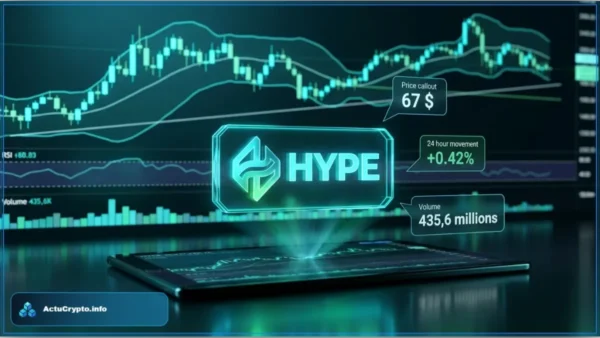 Graphique virtuel illustrant l'analyse technique Hyperliquid avec le cours du jeton HYPE à 67 dollars