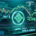 Graphique d'analyse technique du jeton BNB montrant un prix de 587 dollars et une hausse de 2,12 pourcents