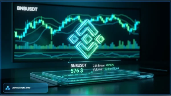 Graphique d'analyse technique du jeton BNB montrant le cours à 576 dollars proche de la résistance de 578 dollars