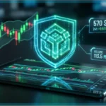 Graphique d'analyse technique montrant le jeton BNB testant le support clé de 570 dollars avec les volumes de trading