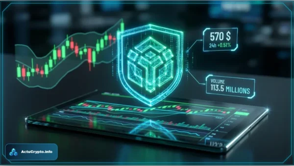 Graphique d'analyse technique montrant le jeton BNB testant le support clé de 570 dollars avec les volumes de trading