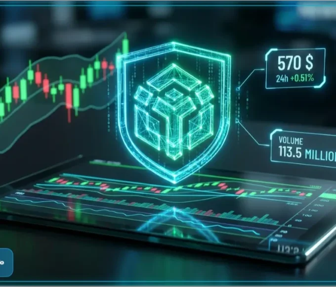 Graphique d'analyse technique montrant le jeton BNB testant le support clé de 570 dollars avec les volumes de trading
