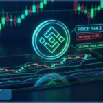 Logo 3D du jeton BNB au-dessus d'un graphique de trading sur tablette affichant un prix de 544 dollars