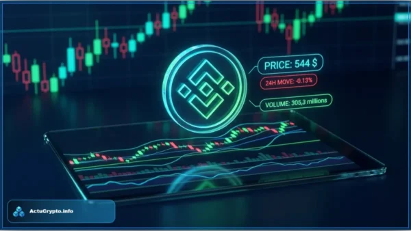 Logo 3D du jeton BNB au-dessus d'un graphique de trading sur tablette affichant un prix de 544 dollars