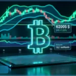 Graphique de trading affichant le logo Bitcoin en 3D avec le prix testant les 62 005 dollars et les volumes de transaction