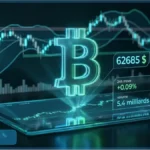 Symbole Bitcoin lumineux au-dessus d'un graphique financier affichant le prix de 62 685 dollars